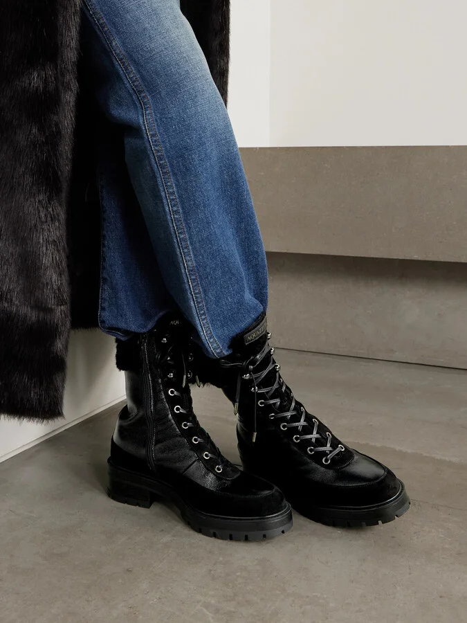 Aquazzura - Very Cortina 20 Shearling-lined Suede-trimmed Glossed Textured-leather Combat Boots - Black - Image 2