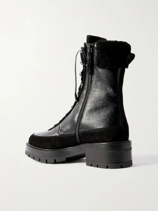 Aquazzura - Very Cortina 20 Shearling-lined Suede-trimmed Glossed Textured-leather Combat Boots - Black - Image 3