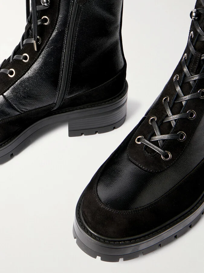 Aquazzura - Very Cortina 20 Shearling-lined Suede-trimmed Glossed Textured-leather Combat Boots - Black - Image 4