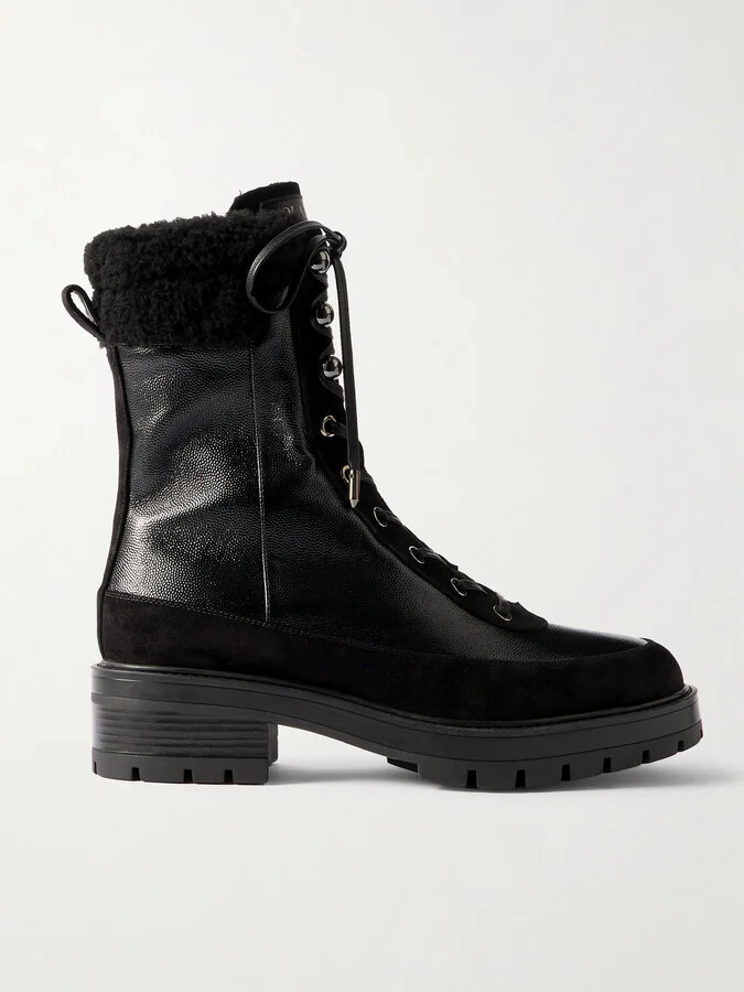 Aquazzura - Very Cortina 20 Shearling-lined Suede-trimmed Glossed Textured-leather Combat Boots - Black