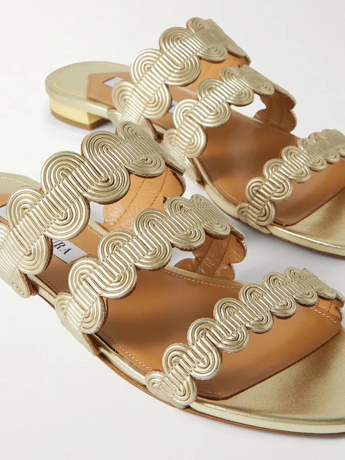Aquazzura - Wavy Metallic Leather Slides - Gold - Image 4
