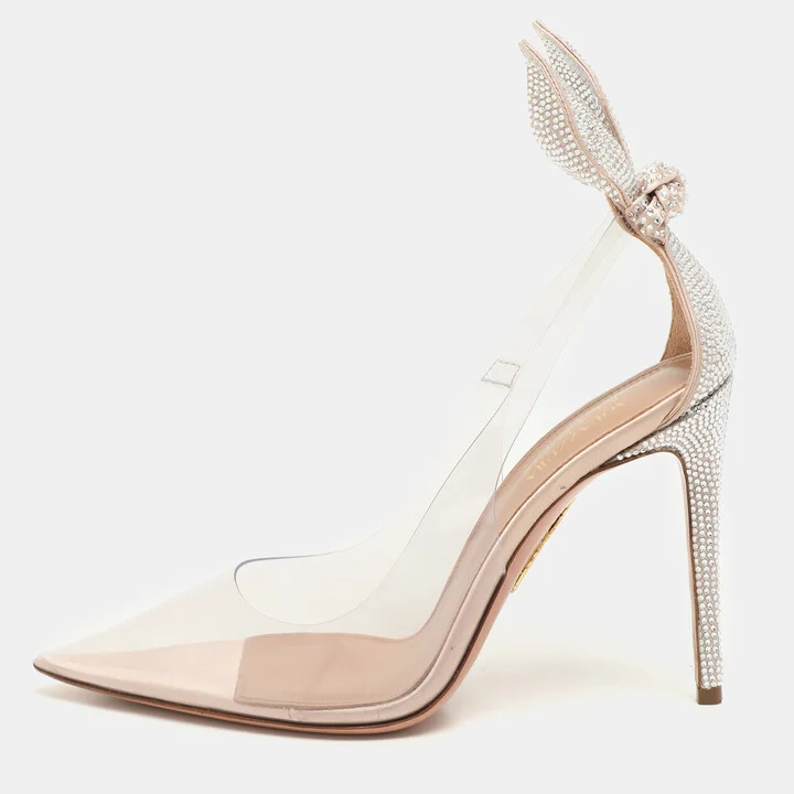 Aquazzura x Beymen Transparent/Beige PVC and Satin Bow Tie Plexi Pumps Size 36.5
