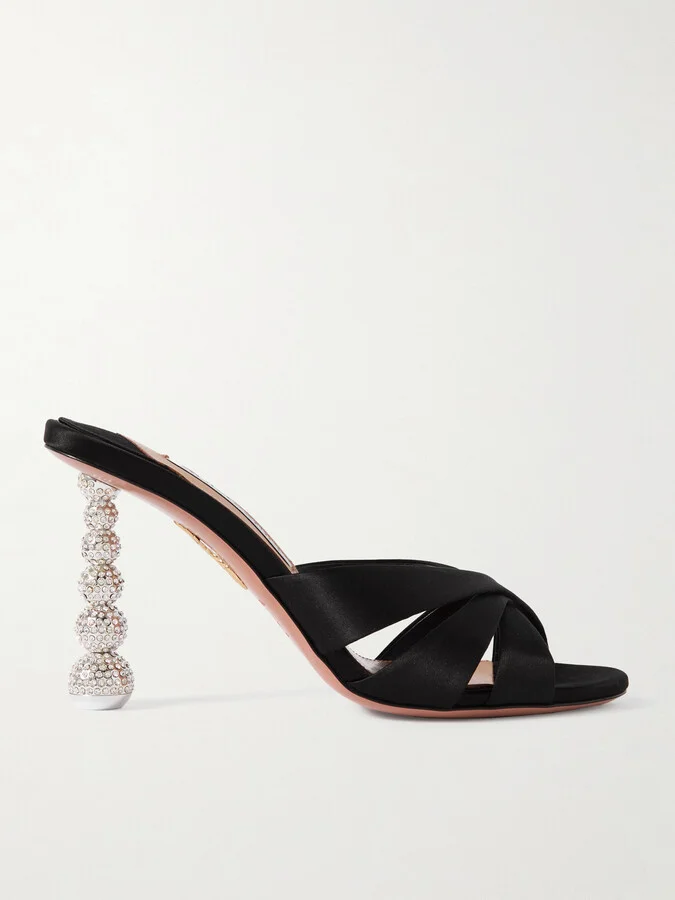 Aquazzura - Yes Baby 95 Crystal-embellished Satin Mules - Black