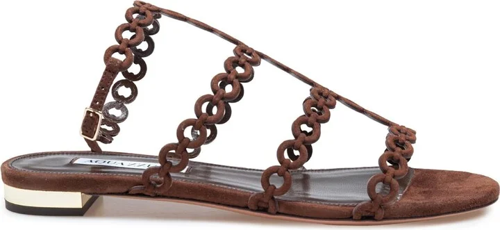 Aquazzurra Flat Infinity Chain Suede Sandal Brown Color