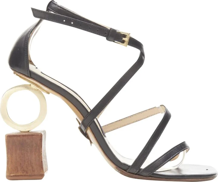 Architectural Wood Block Ring Strappy Heel
