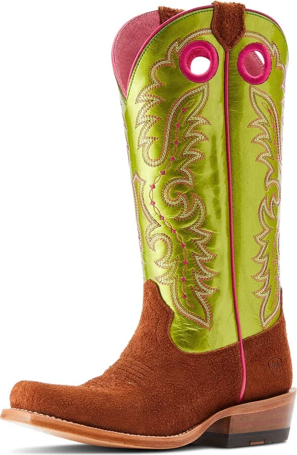 ARIAT BMVY9 Womens Futurity Boon Western Boot Cognac Roughout/Electric Lime Patent 7