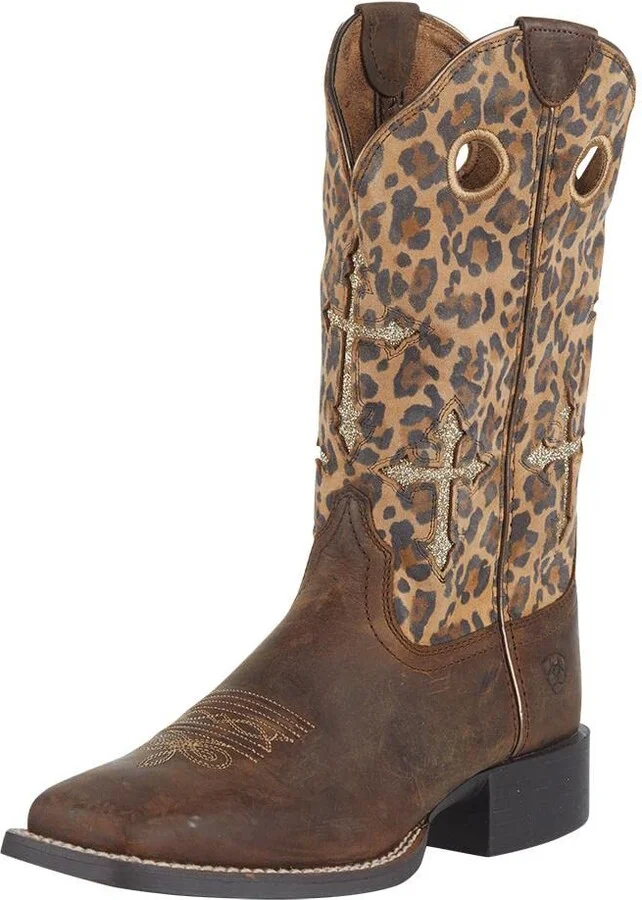 ARIAT BMVY9 Womens Round Up Crossroads Western Boot Distressed Tan/Sparkle Leopard 7