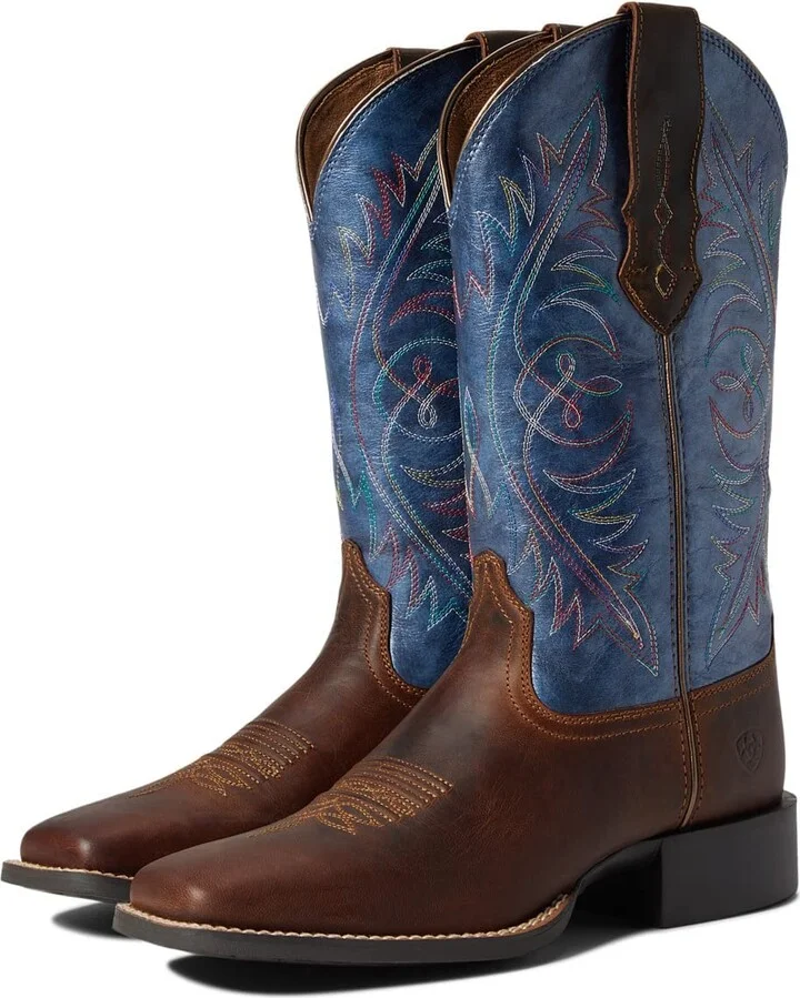 ARIAT BMVY9 Womens Round Up Wide Square Toe StretchFit Western Boot Sassy Brown/Metallic Navy 6.5