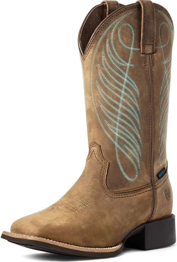 ARIAT BMVY9 Womens Round Up Wide Square Toe Waterproof Western Boot Distressed Brown 7.5