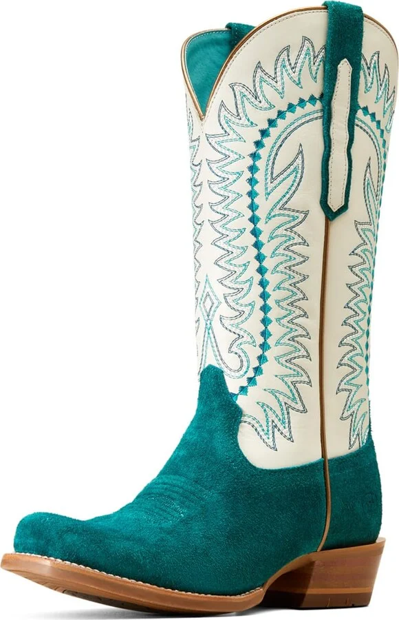 ARIAT Women's Derby Monroe Western Boot - Ancient Turquoise Roughout/Blanco