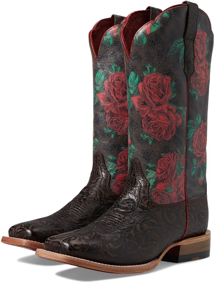 ARIAT Women's Frontier Farrah Western Boot - Chocolate Floral Emboss/Wild Rose Print
