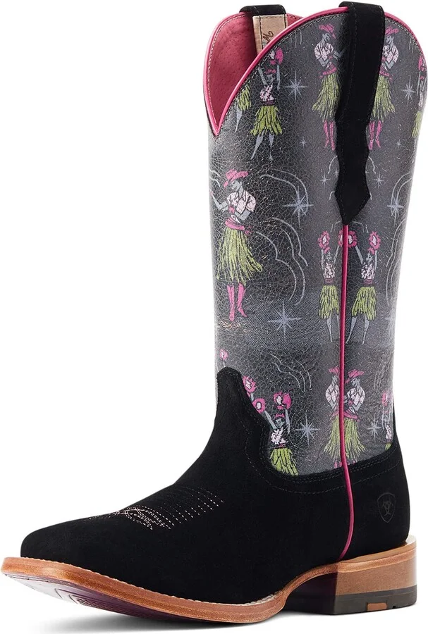 ARIAT Womens Frontier Western Aloha Western Boot Black Roughout/Hula Print 7