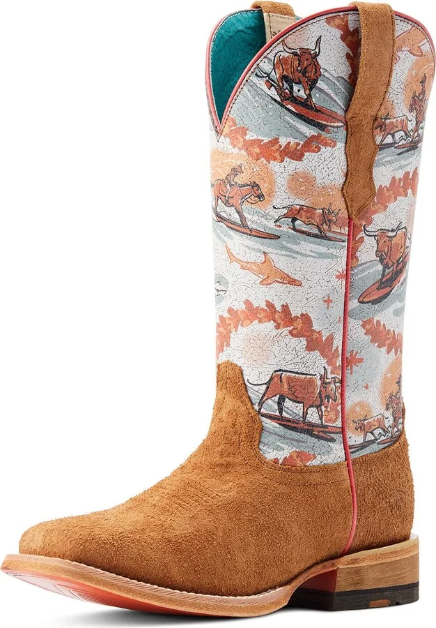 ARIAT Womens Frontier Western Aloha Western Boot Rusty Roughout/Surfing Longhorn Print 6