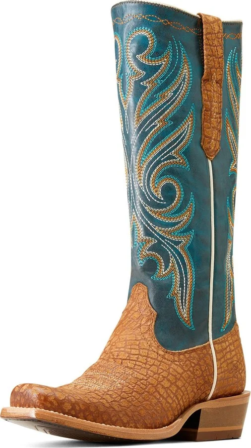 ARIAT Women's Futurity Starlight StretchFit Western Boot - Tan Suede Bullhide Print/Pursuit Of Teal