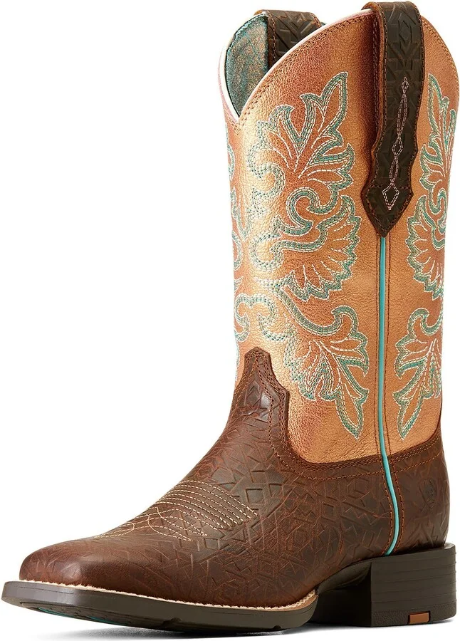 ARIAT Women's Round Up Wide Square Toe StretchFit Western Boot - Toasted Blanket Emboss/Copper Glow