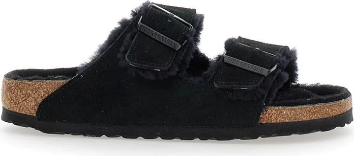 'Arizona' Black Sandals With Logo Lettering On The Buckle In Suede Woman