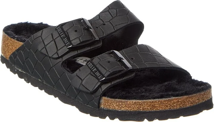 Arizona BS Narrow Croc-Embossed Leather & Shearling Sandal