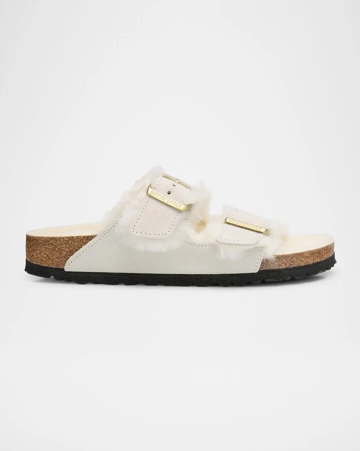 Arizona Suede Shearling Dual-Buckle Slide Sandals