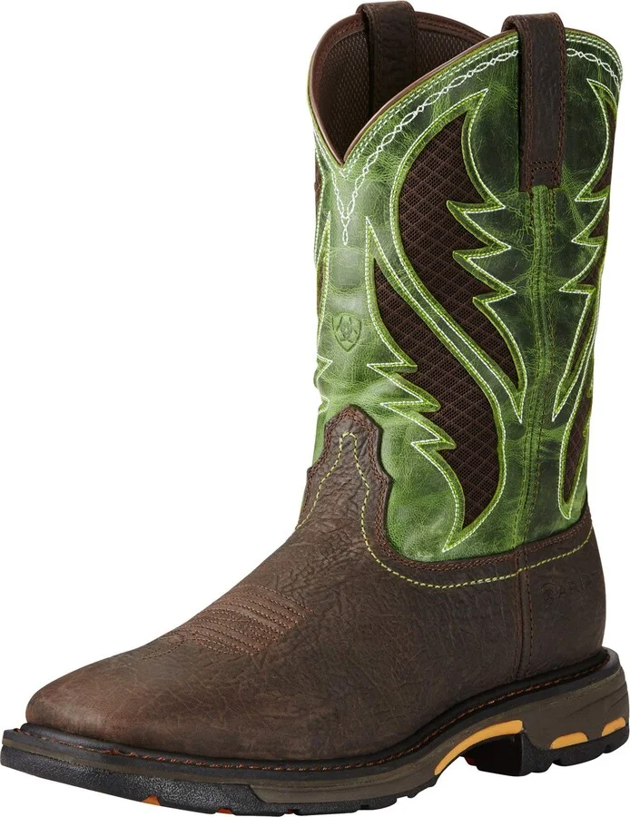 ARJ3S Mens Workhog Wide Square Toe Venttek Work Boot Bruin Brown/Grass Green 9