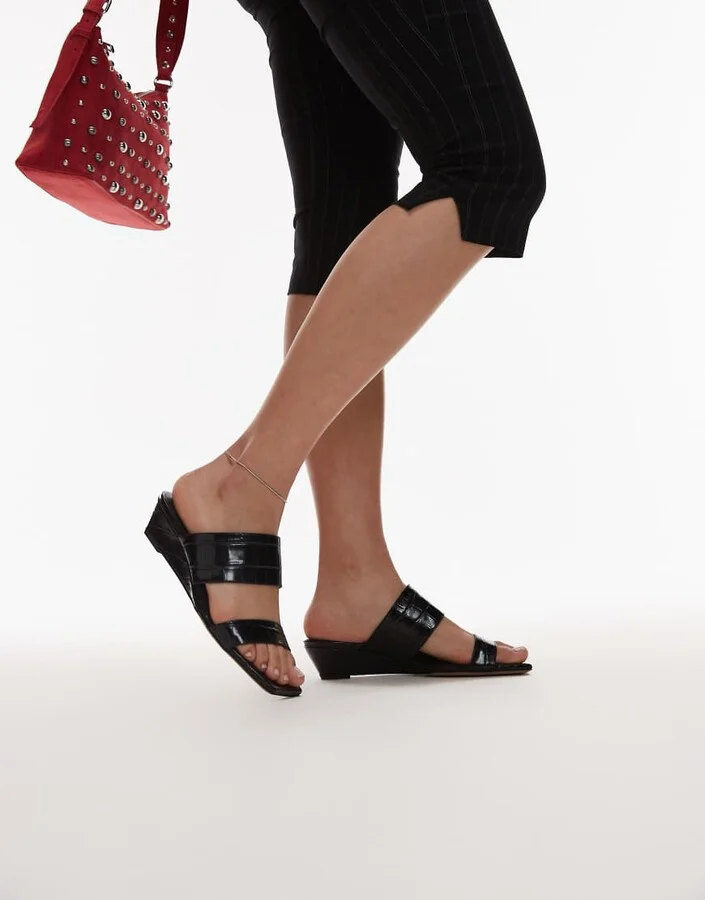 ARKET real leather croc wedge sandals in black