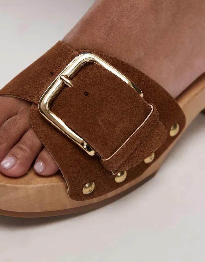 ARKET wooden heeled clogs with real suede strap and gold buckle in brown - Image 2