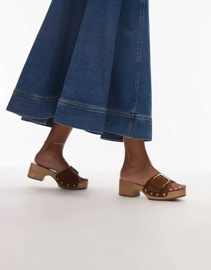 ARKET wooden heeled clogs with real suede strap and gold buckle in brown - Image 3