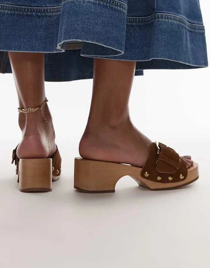 ARKET wooden heeled clogs with real suede strap and gold buckle in brown - Image 4