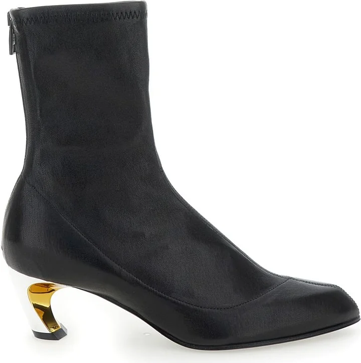 'armadillo' Black Ankle Boots With Golden Heel In Smooth Leather Woman
