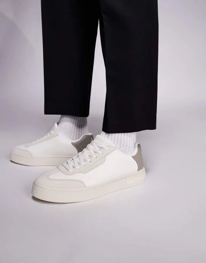 Armani Exchange chunky logo sneakers in off white and beige