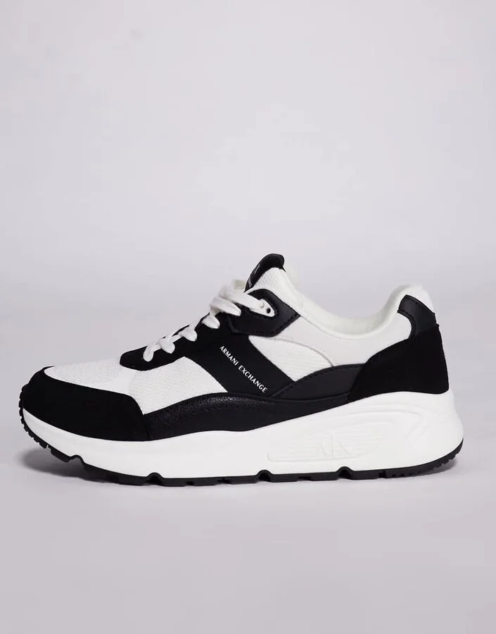 Armani Exchange chunky suede mix logo sneakers in black and off white - Image 2