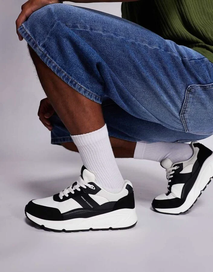Armani Exchange chunky suede mix logo sneakers in black and off white - Image 3