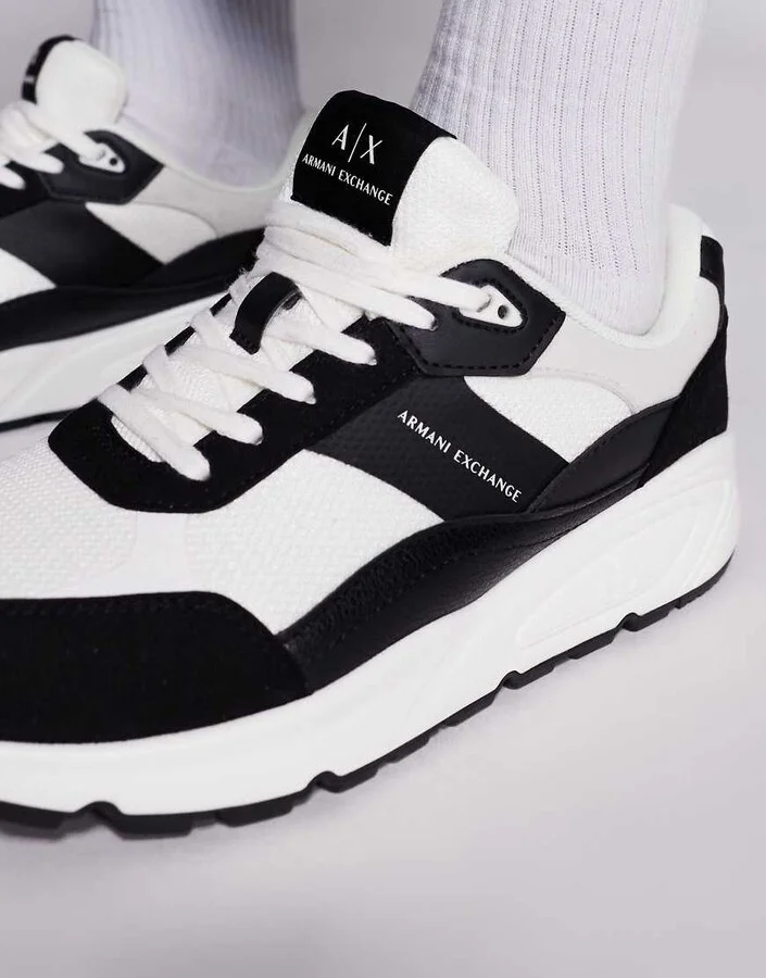 Armani Exchange chunky suede mix logo sneakers in black and off white - Image 4
