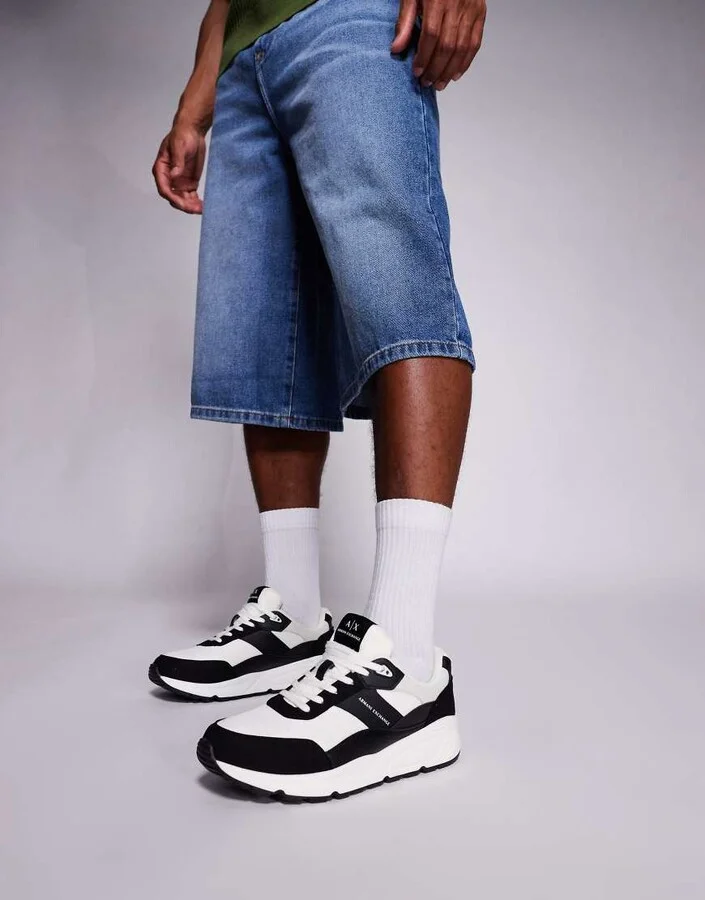 Armani Exchange chunky suede mix logo sneakers in black and off white