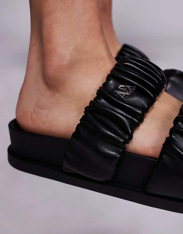 Armani Exchange double strap sandals in black & silver - Image 2