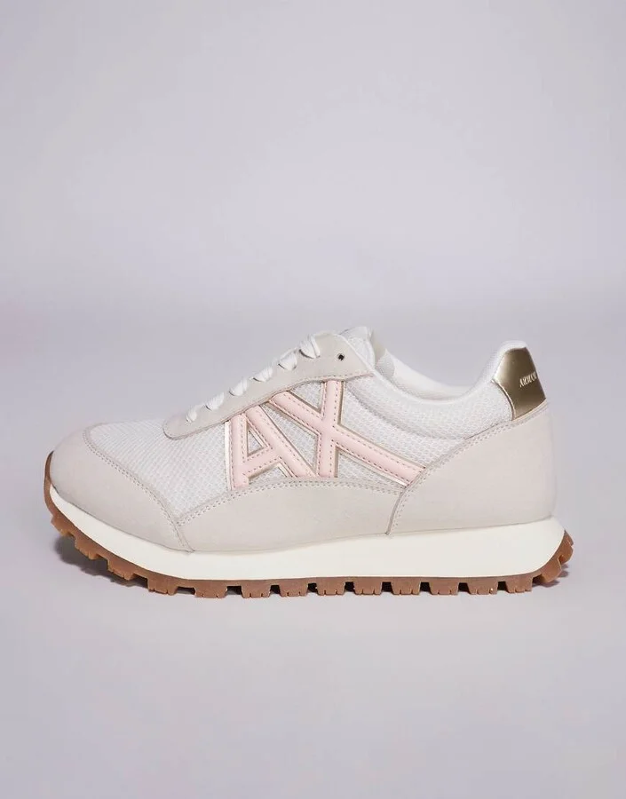 Armani Exchange faux suede mix logo sneakers in cream and pink - Image 2