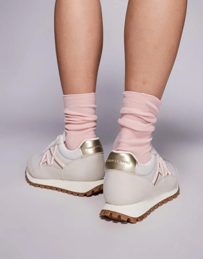 Armani Exchange faux suede mix logo sneakers in cream and pink - Image 3