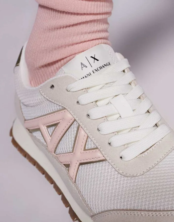 Armani Exchange faux suede mix logo sneakers in cream and pink - Image 4