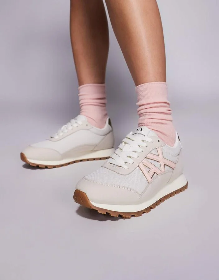 Armani Exchange faux suede mix logo sneakers in cream and pink
