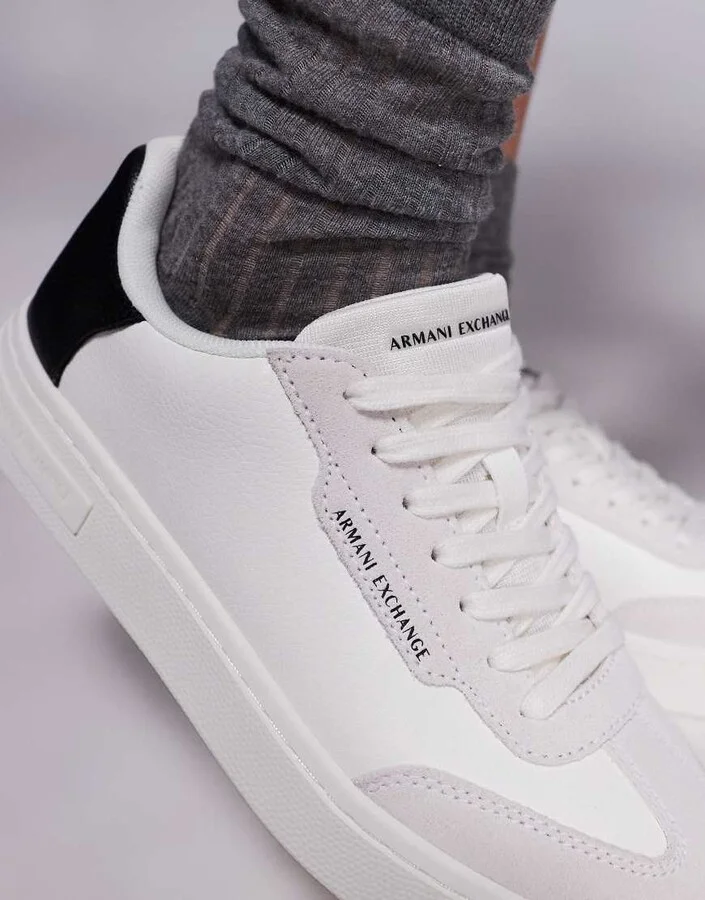 Armani Exchange logo sneakers in off white and black - Image 4