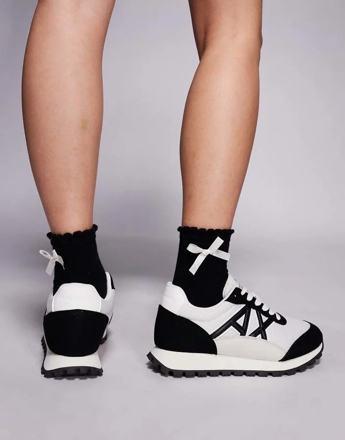 Armani Exchange suede mix logo sneakers in black and white - Image 3
