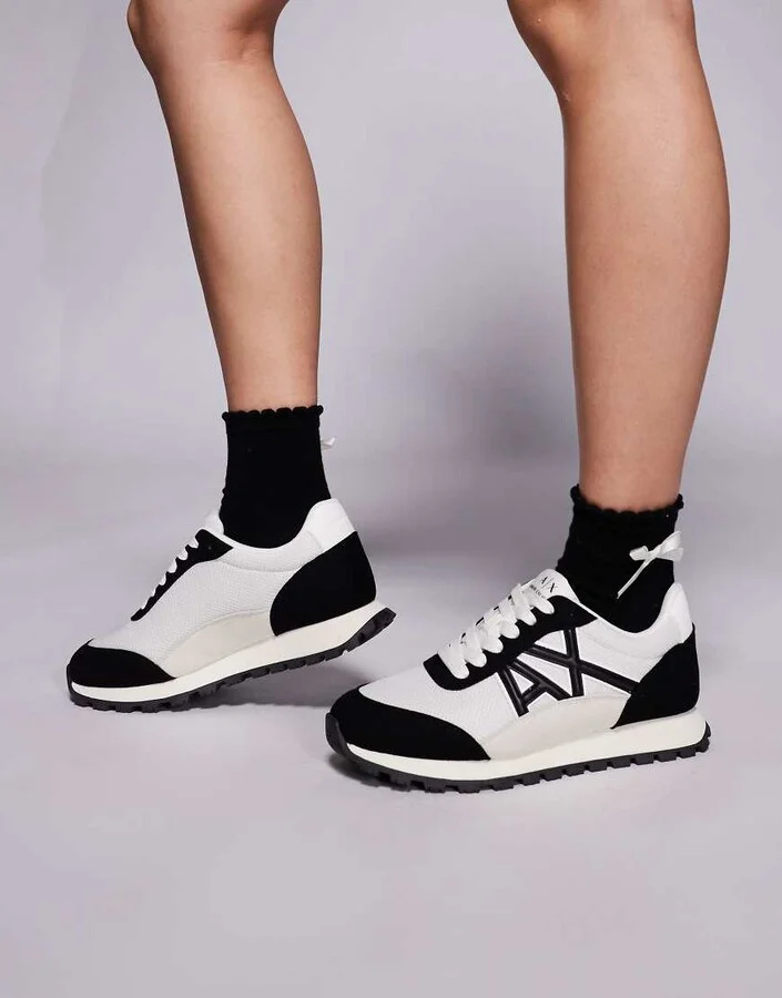 Armani Exchange suede mix logo sneakers in black and white