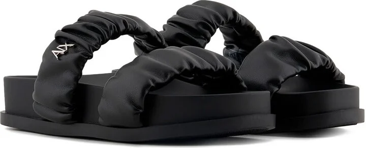 Armani Exchange Women's Padded Sandal with Ruched Thick Straps Over The Foot Flat