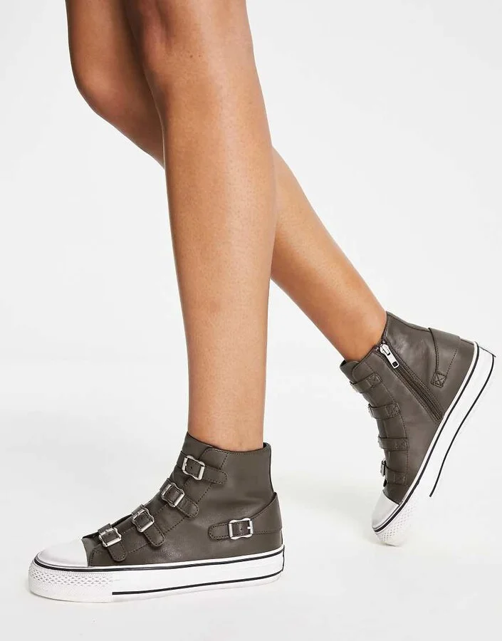 Ash buckle high top sneakers in dark taupe - Image 2