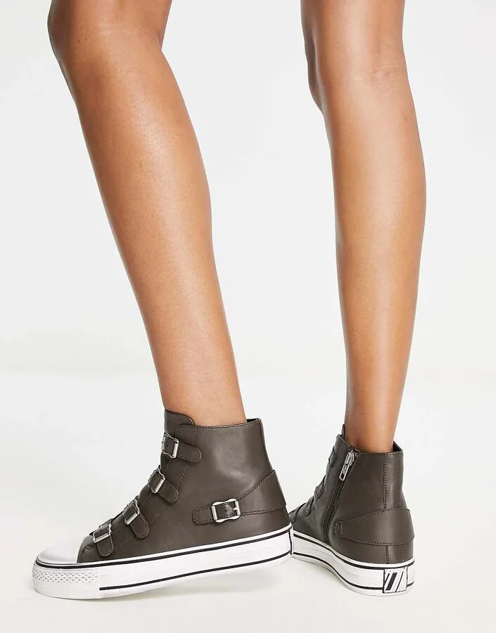 Ash buckle high top sneakers in dark taupe - Image 4