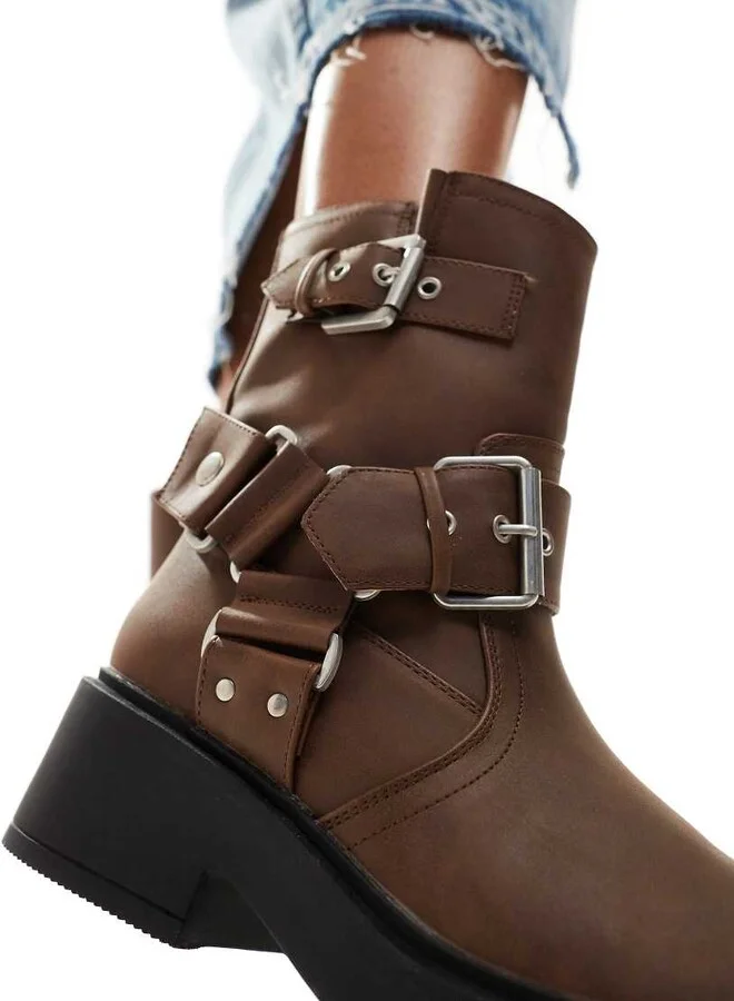 ASOS DESIGN Aim harness biker ankle boots in brown - Image 2