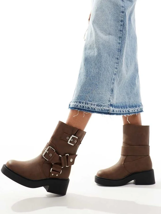 ASOS DESIGN Aim harness biker ankle boots in brown - Image 3