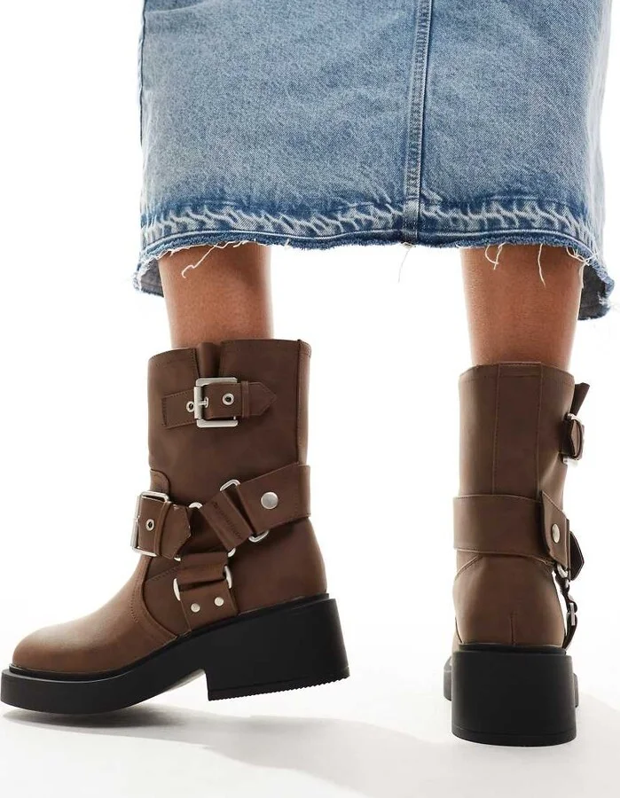 ASOS DESIGN Aim harness biker ankle boots in brown - Image 4