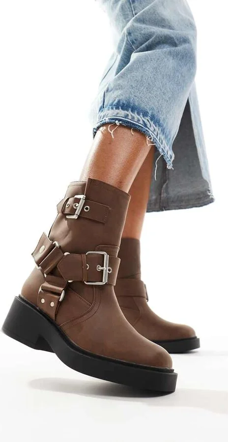 ASOS DESIGN Aim harness biker ankle boots in brown