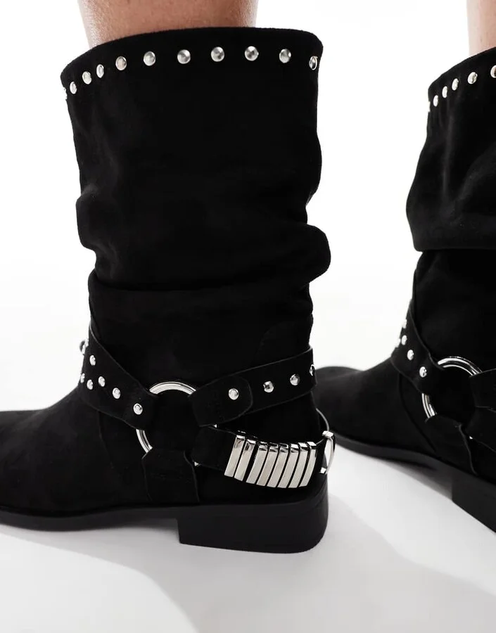 ASOS DESIGN Alara slouchy flat biker boots with hardware in black - Image 4
