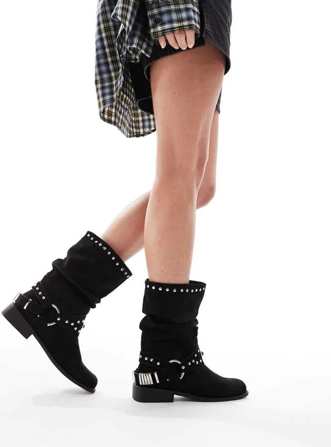 ASOS DESIGN Alara slouchy flat biker boots with hardware in black